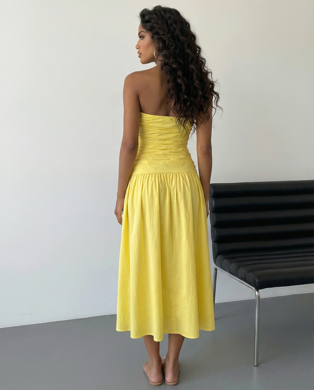 SOLACE  Yellow Strapless Sleeveless Ruched Waist A-Line Midi Dress 