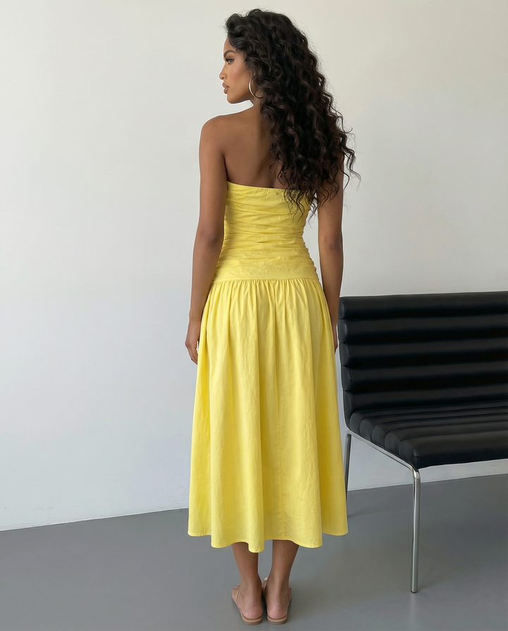 SOLACE  Yellow Strapless Sleeveless Ruched Waist A-Line Midi Dress 