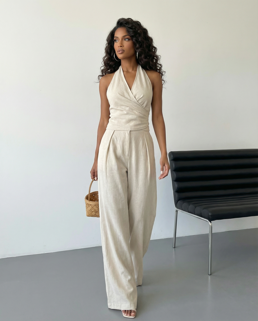 SOLACE  Apricot Linen Blend Halter Neck Backless Top Wide Leg Pants Set 