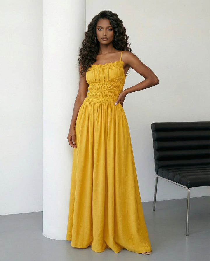 SOLACE  Yellow Spaghetti Strap Shirred Bodice A-Line Maxi Dress 