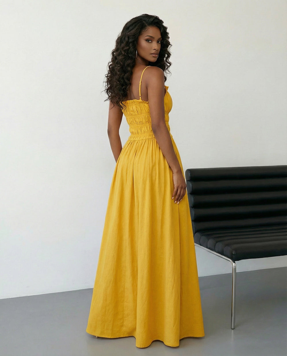 SOLACE  Yellow Spaghetti Strap Shirred Bodice A-Line Maxi Dress 