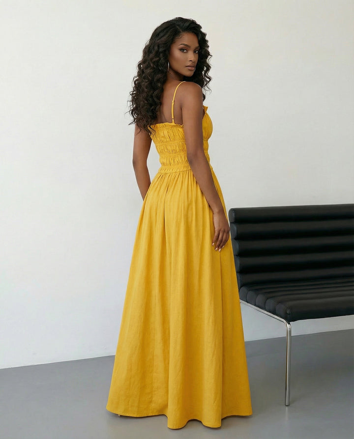 SOLACE  Yellow Spaghetti Strap Shirred Bodice A-Line Maxi Dress 