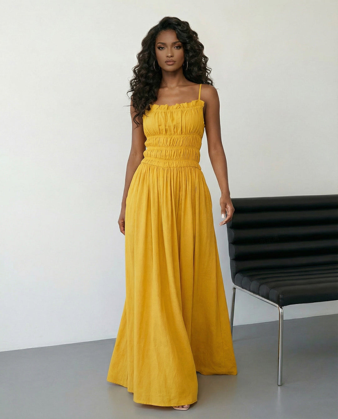 SOLACE  Yellow Spaghetti Strap Shirred Bodice A-Line Maxi Dress 