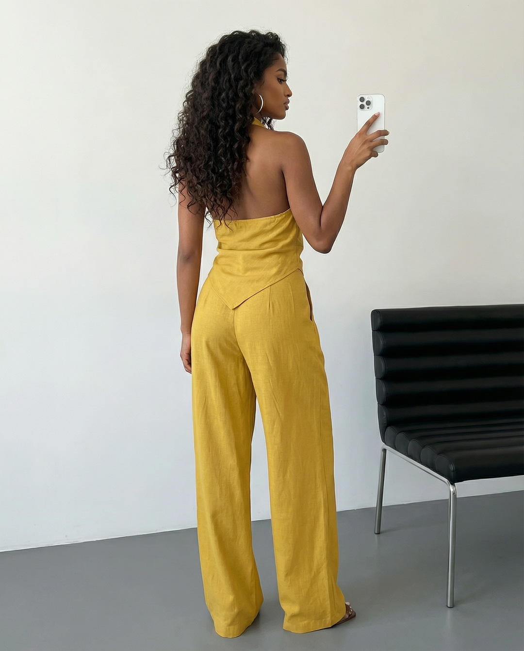 SOLACE  Yellow Halter Neck Open Back Top Wide Leg Pants Set 