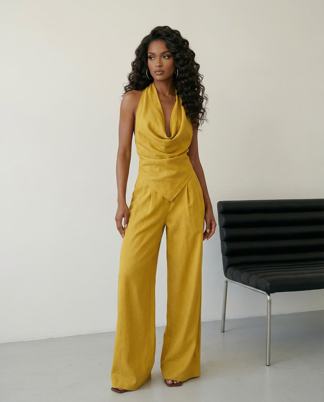 SOLACE  Yellow Halter Neck Open Back Top Wide Leg Pants Set 