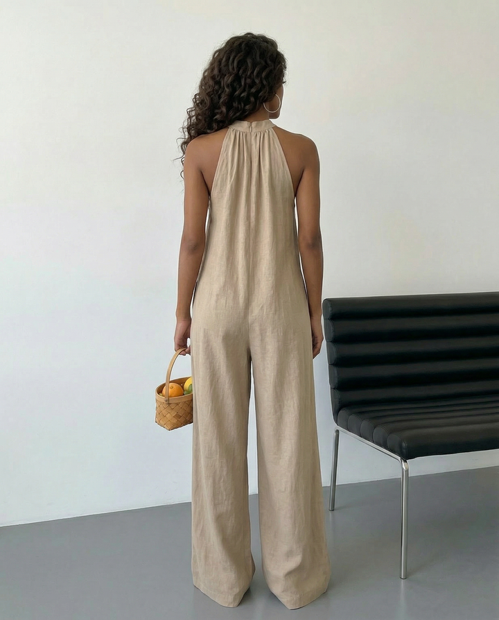 SOLACE  Beige Halter Neck Sleeveless Wide Leg Linen Jumpsuit 