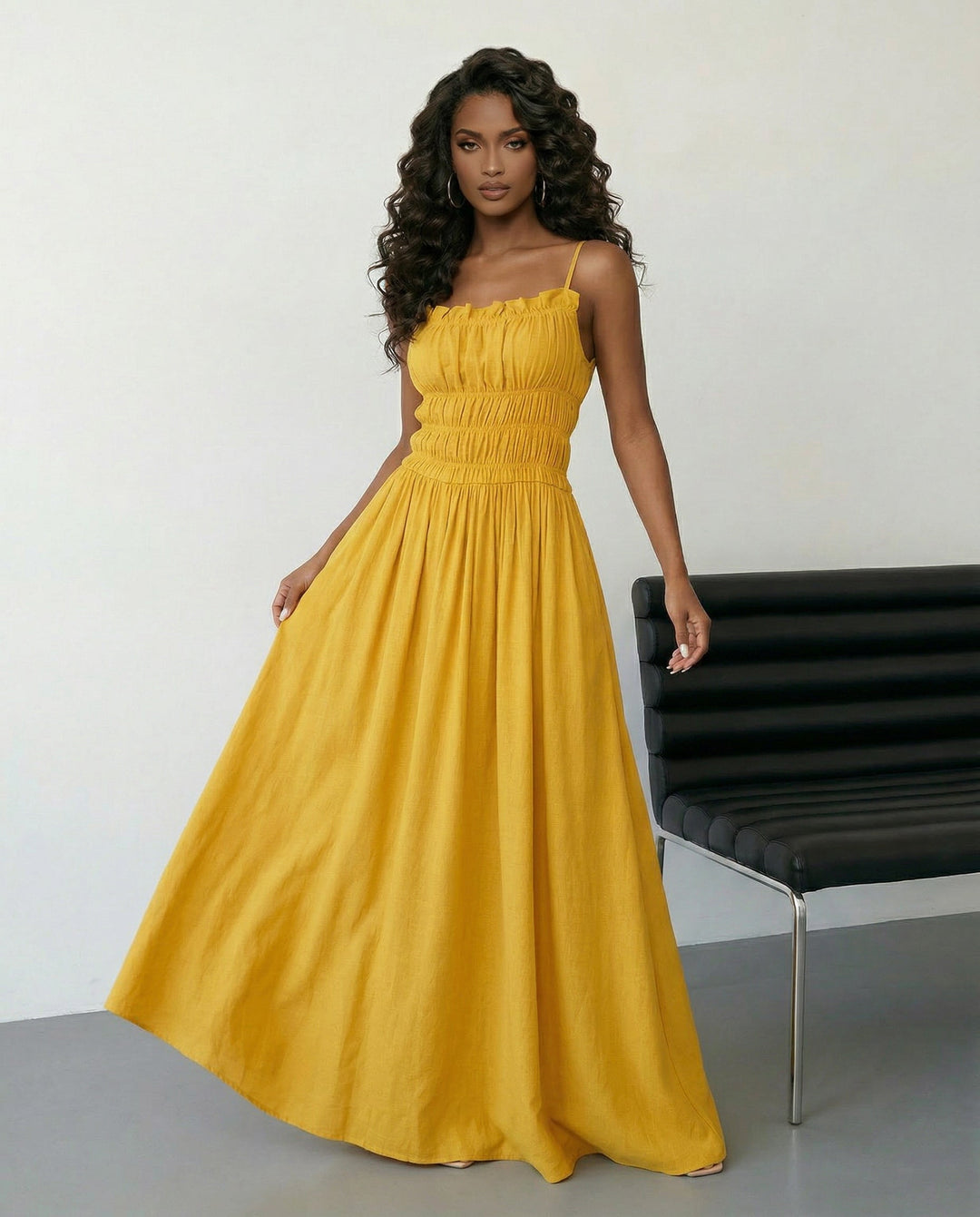 SOLACE  Yellow Spaghetti Strap Shirred Bodice A-Line Maxi Dress 