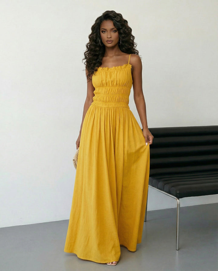 SOLACE  Yellow Spaghetti Strap Shirred Bodice A-Line Maxi Dress 