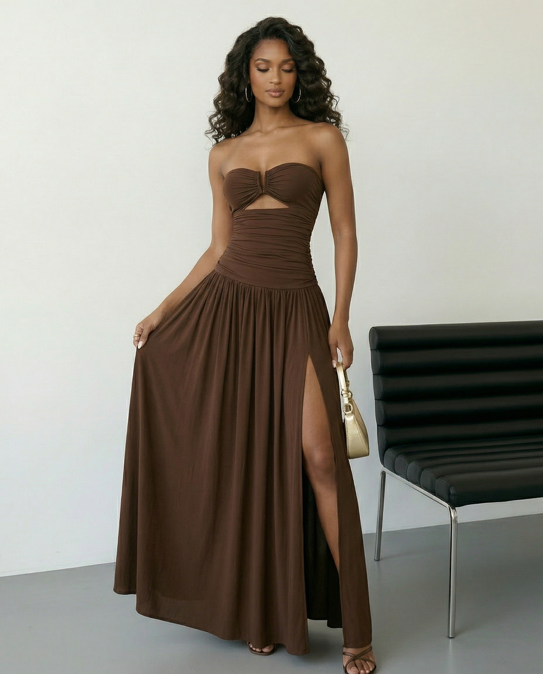 SOLACE  Brown Strapless Keyhole Cutout Ruched High Split Maxi Dress 