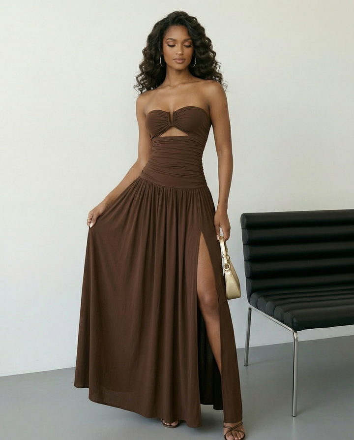 SOLACE  Brown Strapless Keyhole Cutout Ruched High Split Maxi Dress 