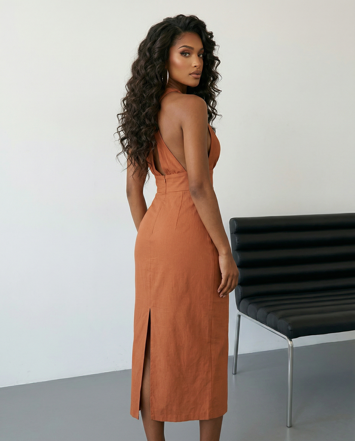 SOLACE  Halter Deep V-Neck Backless Split Midi Dress 