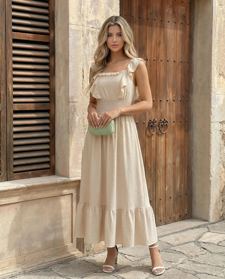 SOLACE  Apricot Ruffle Trim Smocked Waist Sleeveless Midi Dress 