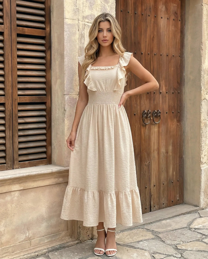 SOLACE  Apricot Ruffle Trim Smocked Waist Sleeveless Midi Dress 