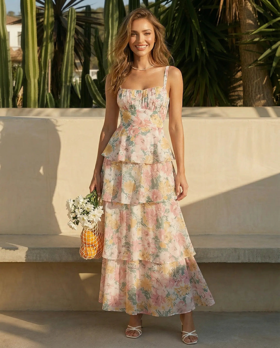 SOLACE  Floral Print Spaghetti Strap Tiered Maxi Dress 
