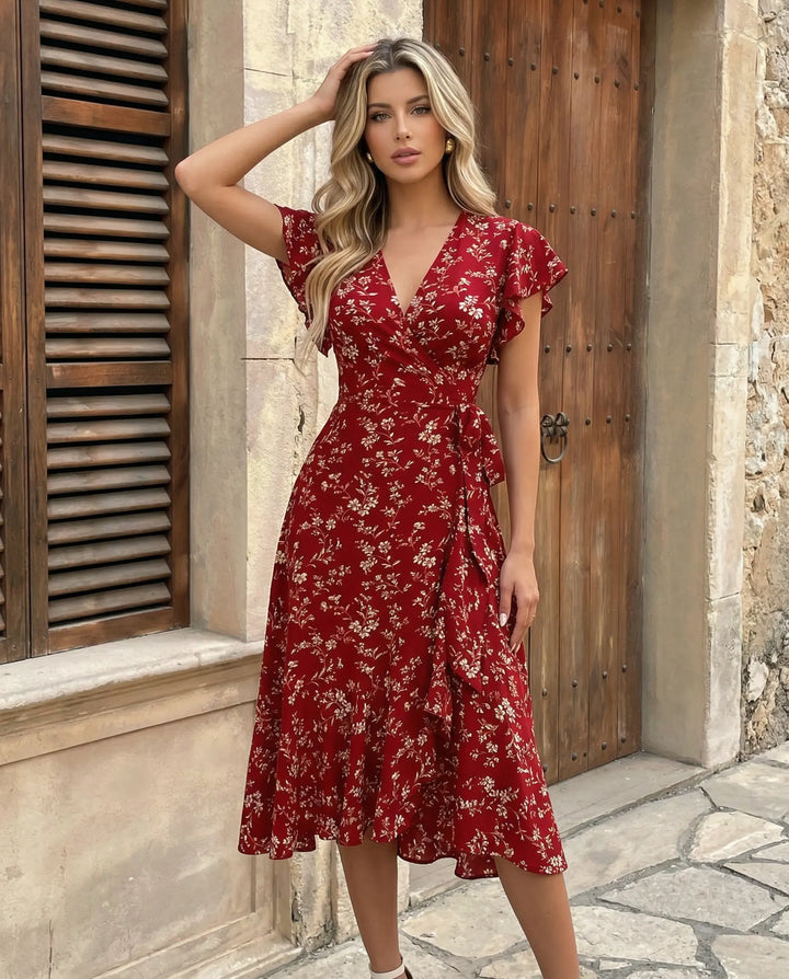 SOLACE  Red Floral V-Neck Wrap Flutter Sleeve Midi Dress 