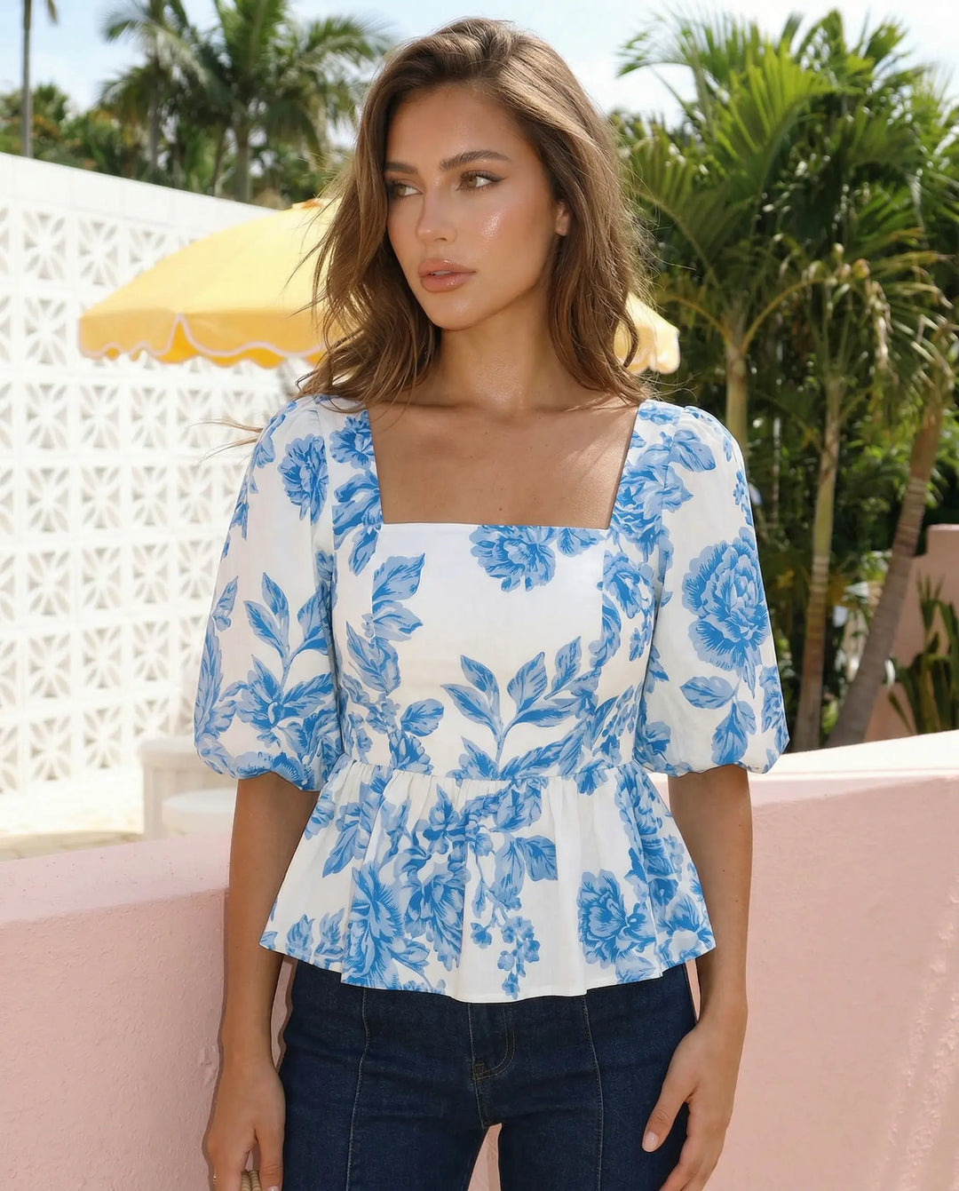 SOLACE  Floral Print Square Neck Puff Sleeve Peplum Blouse 