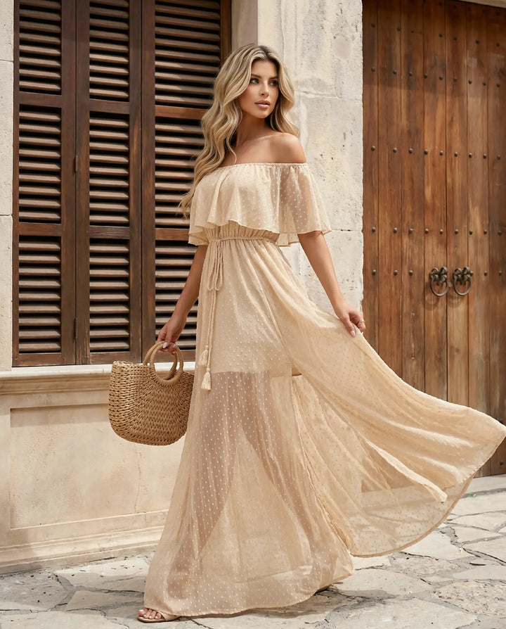 SOLACE  Apricot Swiss Dot Off Shoulder High Slit Maxi Dress 