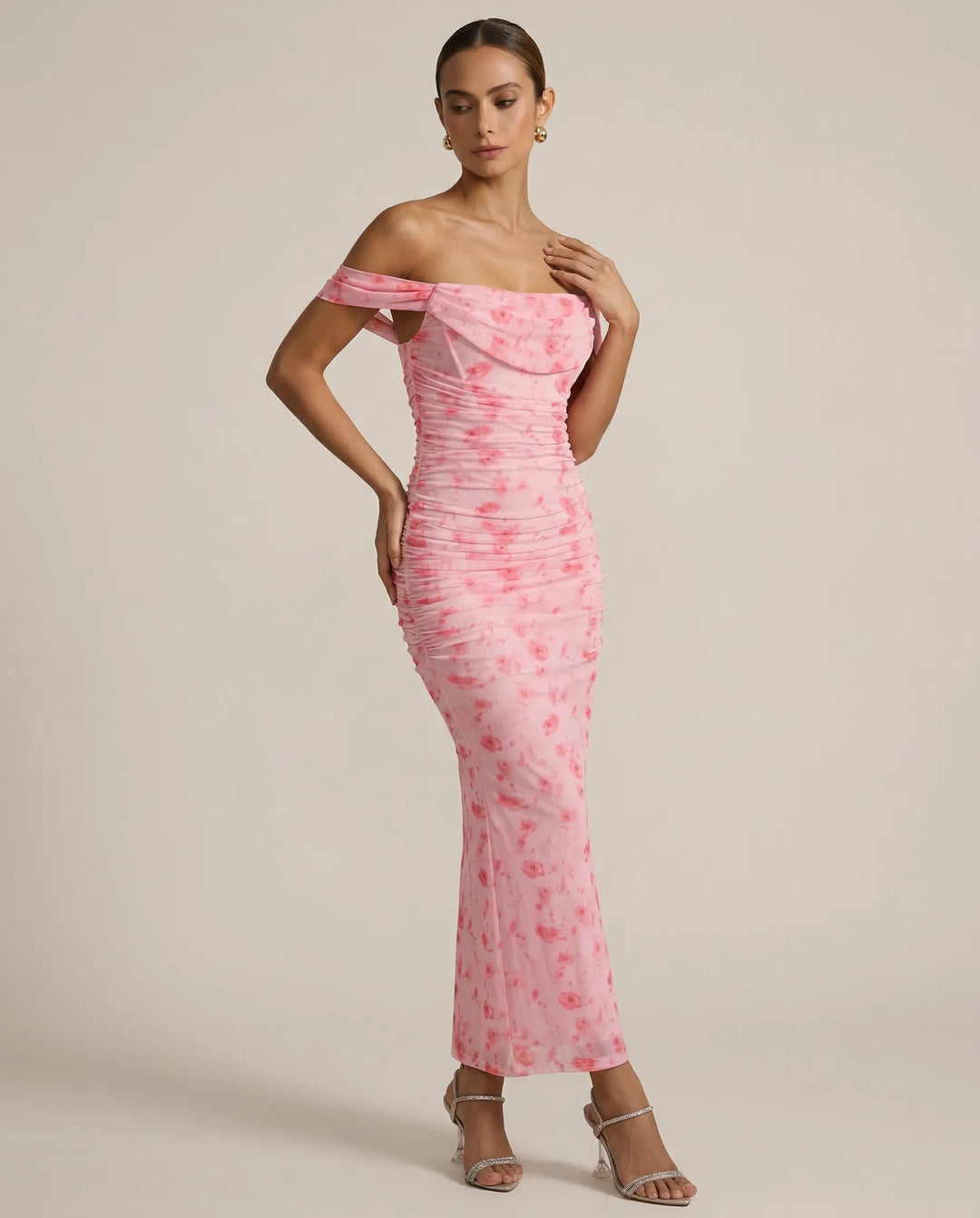 SOLACE  Floral Print Off-Shoulder Ruched Mesh Mermaid Maxi Dress 