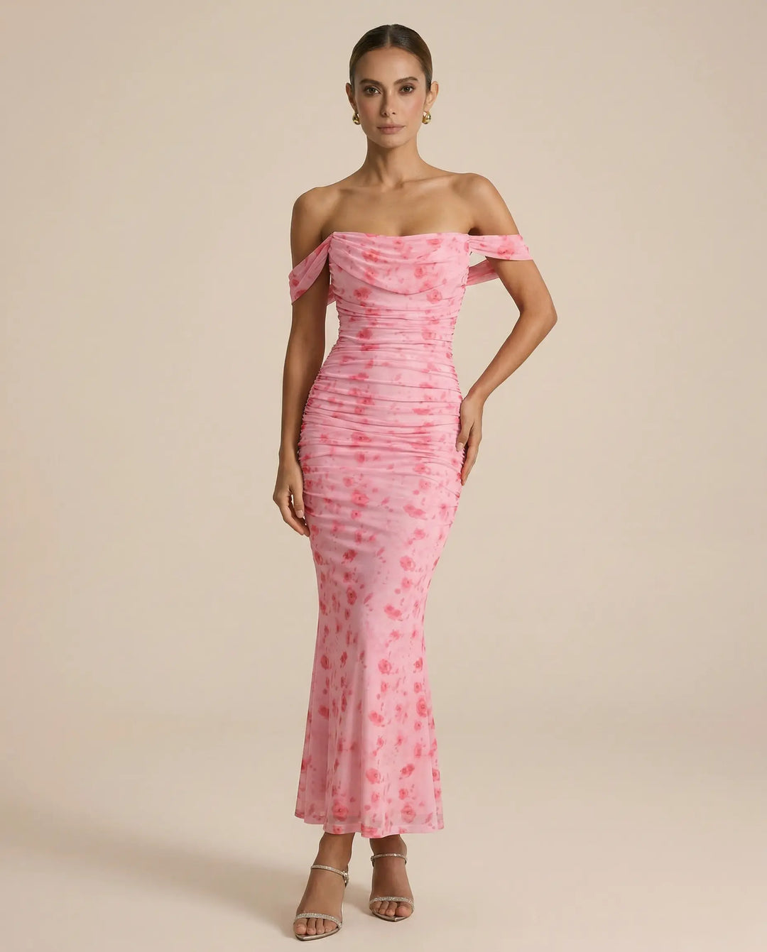 SOLACE  Floral Print Off-Shoulder Ruched Mesh Mermaid Maxi Dress 