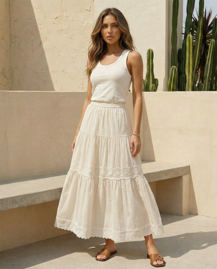 SOLACE  Cream White Tiered Lace Trim Maxi Skirt 