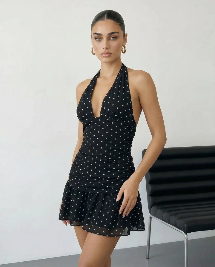 SOLACE  Black Polka Dot Halter Neck Ruffle Hem Mini Dress 