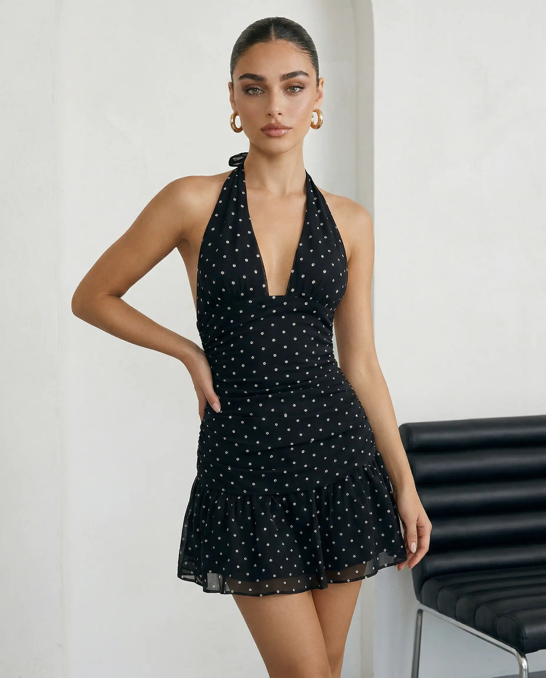SOLACE  Black Polka Dot Halter Neck Ruffle Hem Mini Dress 