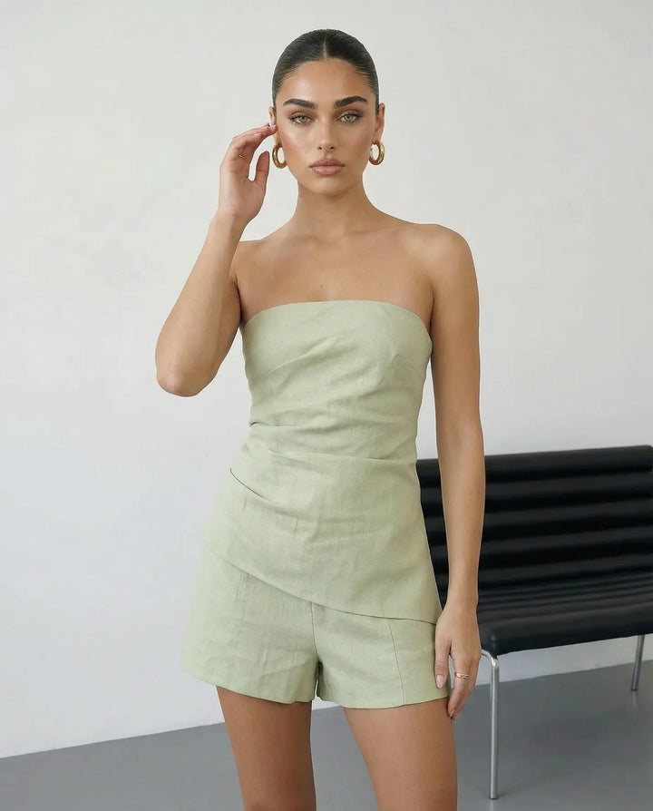 SOLACE  Green Linen Strapless Top and Shorts Two-Piece Set 