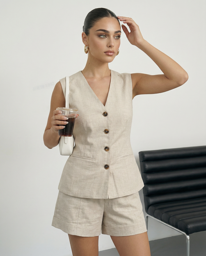 SOLACE  Beige Linen Blend Waistcoat Tailored Shorts Set 