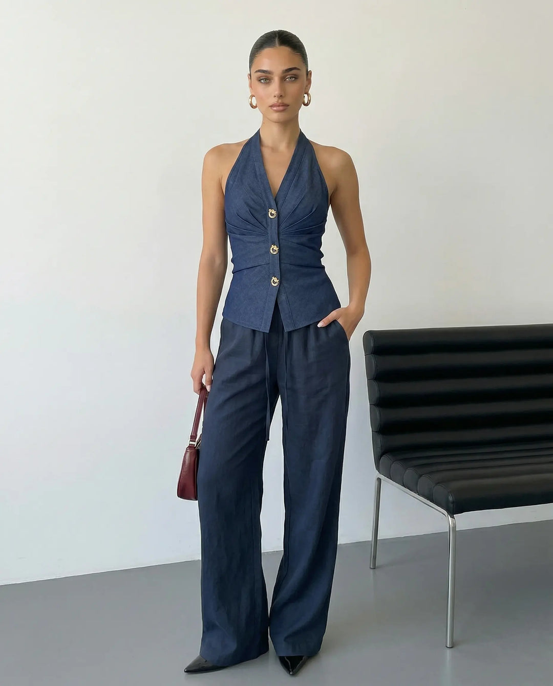 SOLACE  Dark Denim Halter Neck Peplum Blouse 