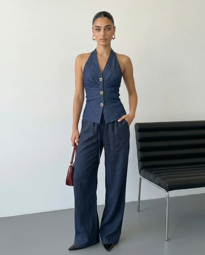 SOLACE  Dark Denim Halter Neck Peplum Blouse 