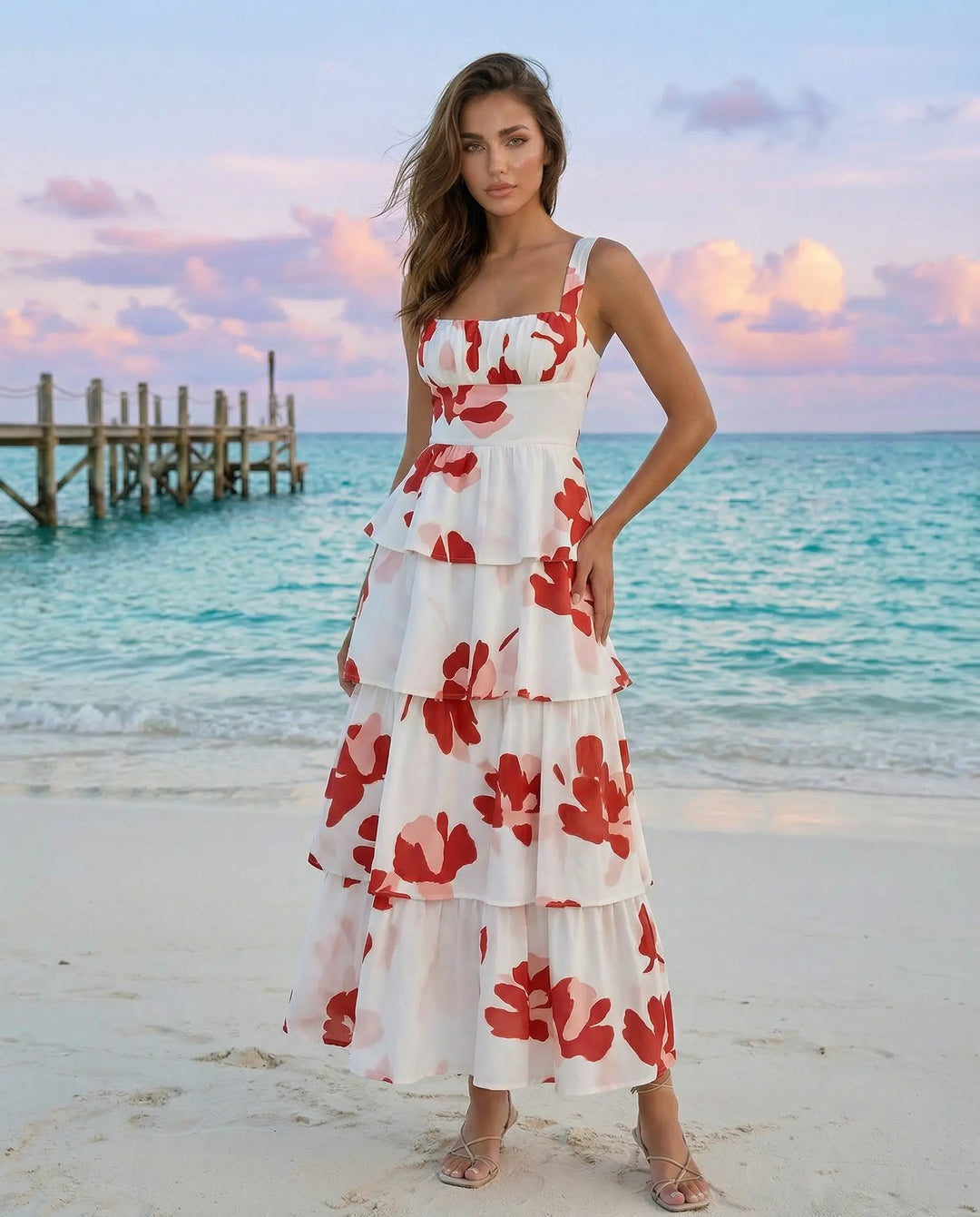 SOLACE  White Red Floral Tiered Ruffle Slim Fit Maxi Dress 