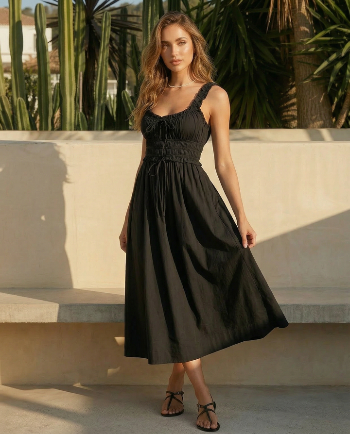 SOLACE  Black Sweetheart Neck Ruffle Strap Midi Dress 