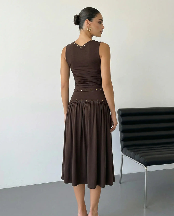 SOLACE  Brown Cowl Neck Ruched Crop Top Midi Skirt Set 