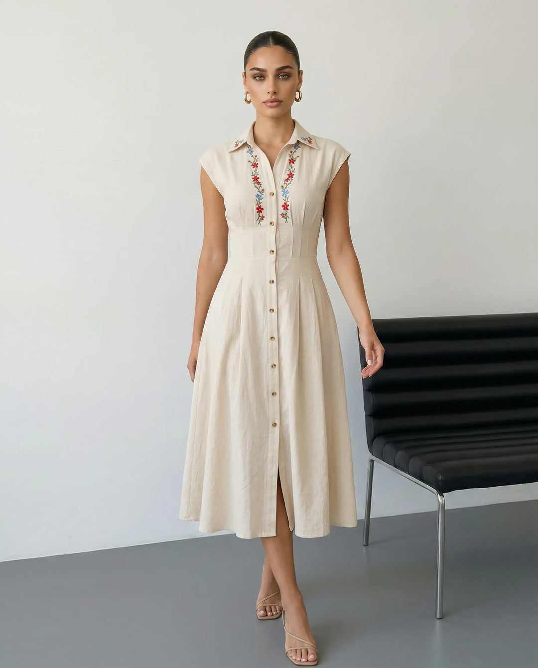 SOLACE  Floral Embroidered Shirt Collar Linen Blend Midi Dress 