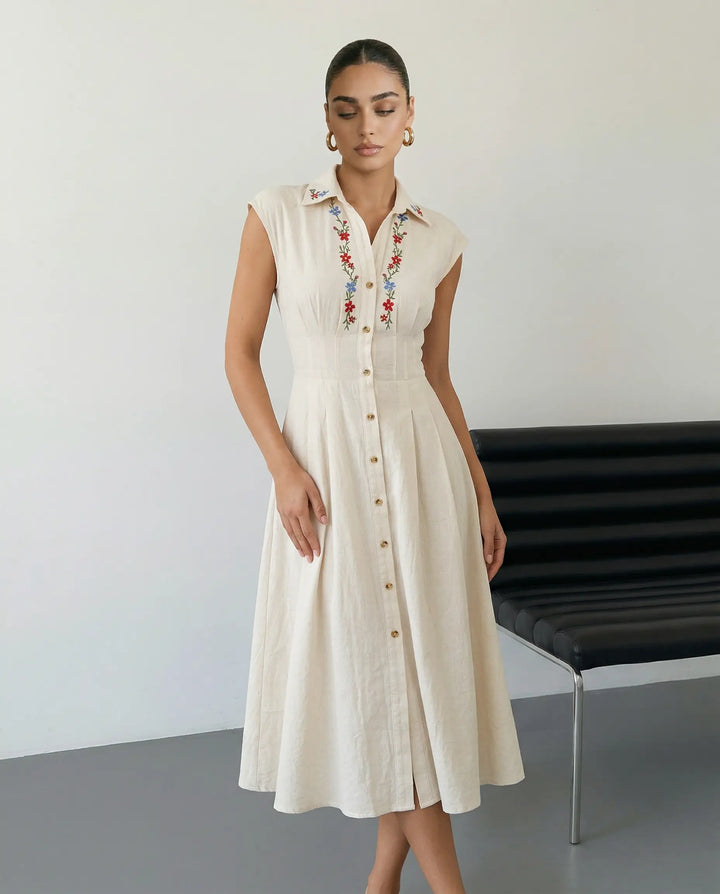 SOLACE  Floral Embroidered Shirt Collar Linen Blend Midi Dress 