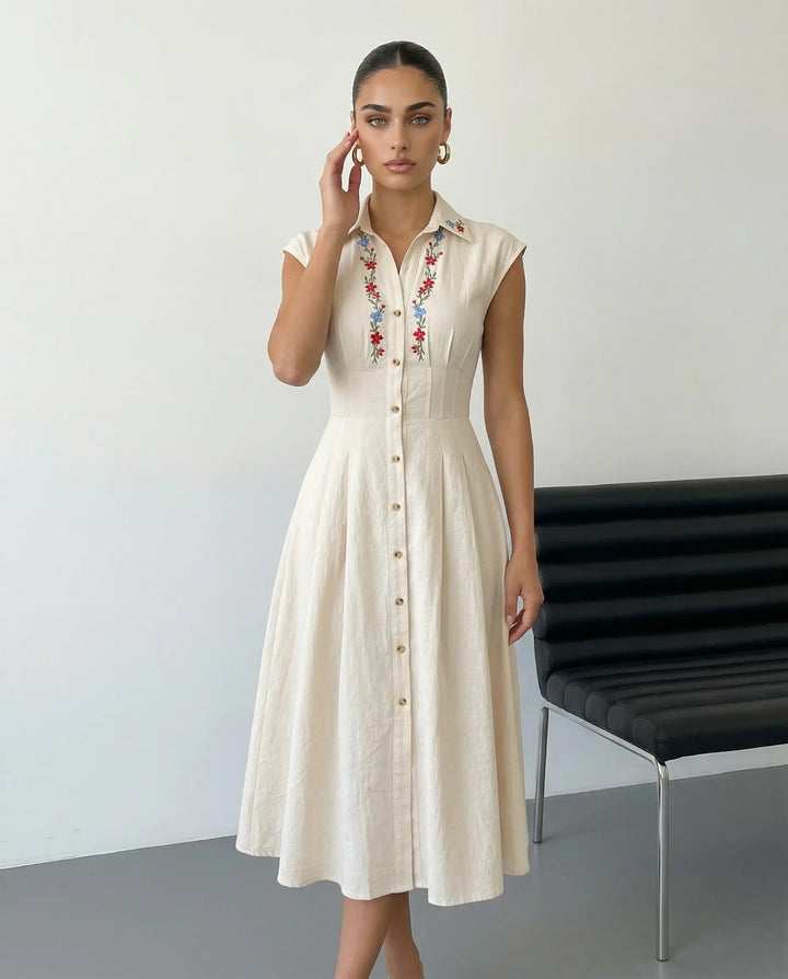 SOLACE  Floral Embroidered Shirt Collar Linen Blend Midi Dress 