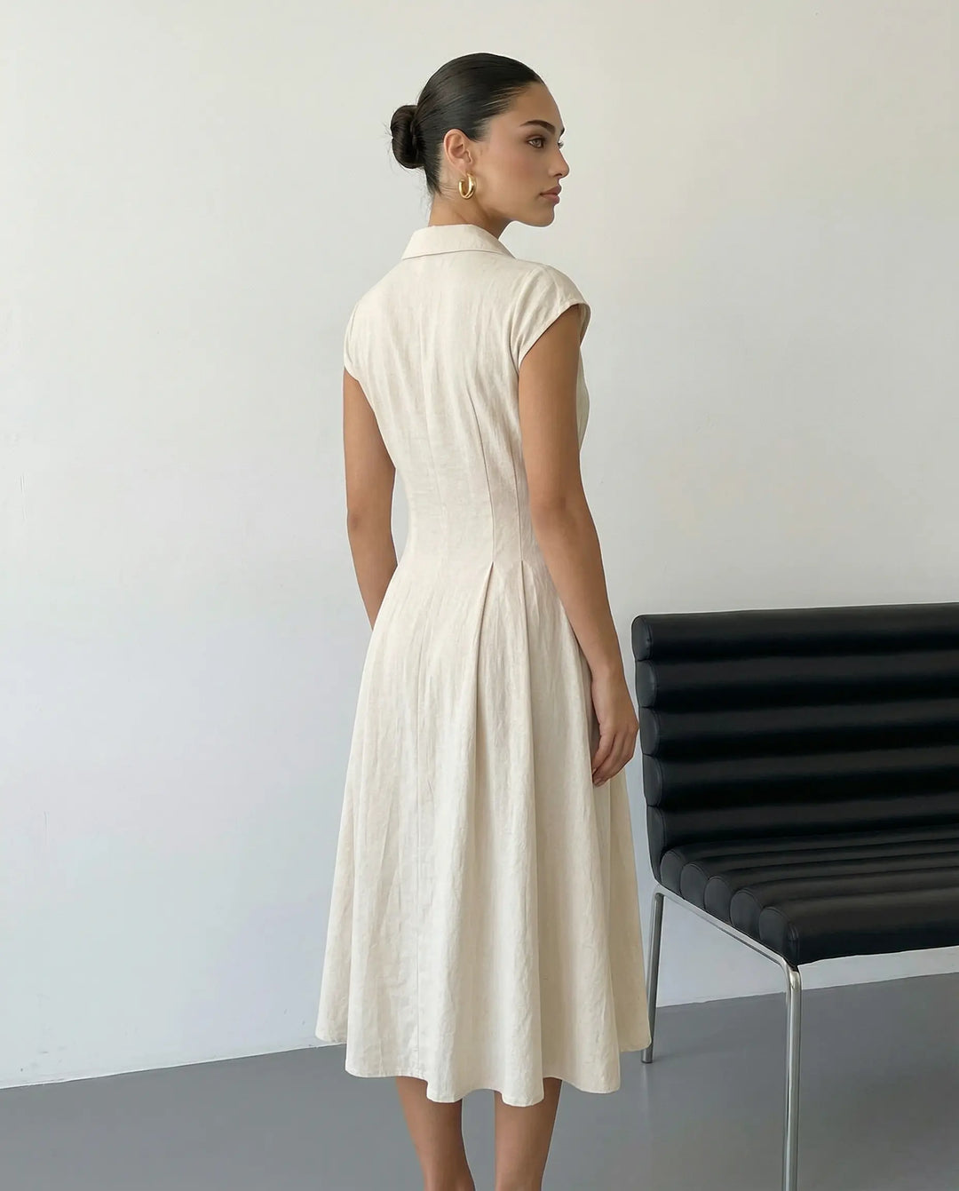 SOLACE  Floral Embroidered Shirt Collar Linen Blend Midi Dress 