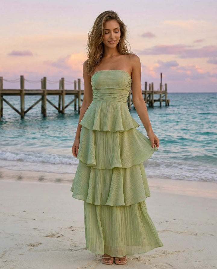 SOLACE  Sage Green Tiered Crinkled Fabric Slim Fit Maxi Dress 