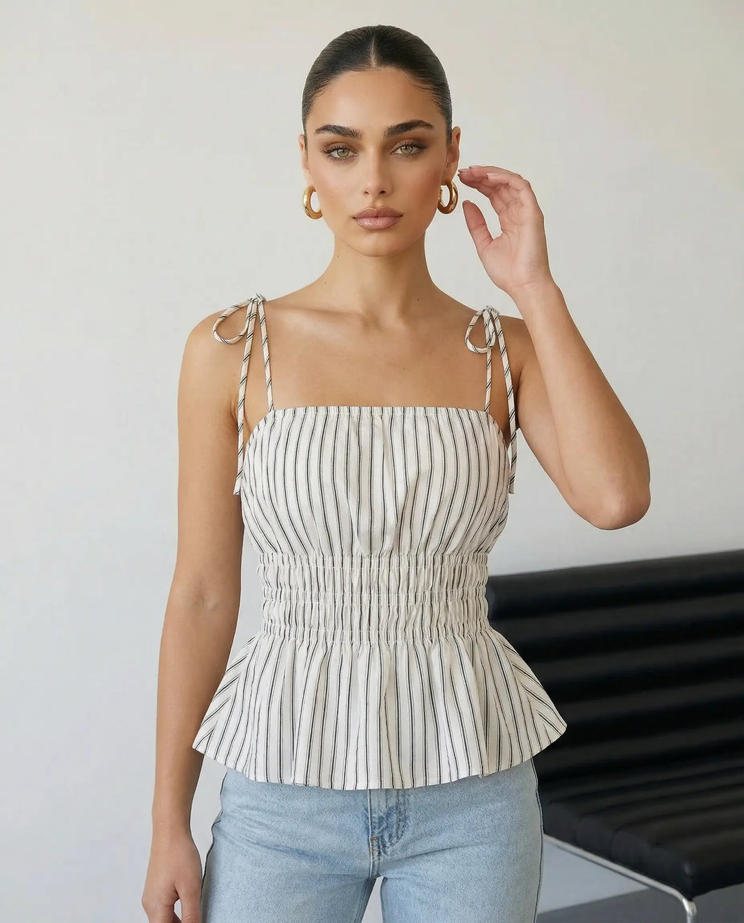 SOLACE  Striped Tie Shoulder Smocked Waist Peplum Cami Top 