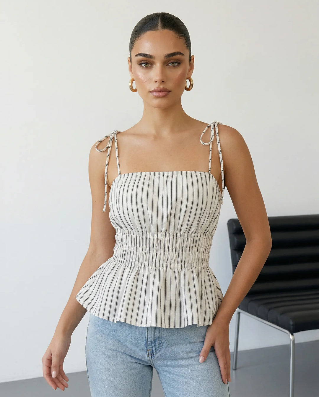 SOLACE  Striped Tie Shoulder Smocked Waist Peplum Cami Top 