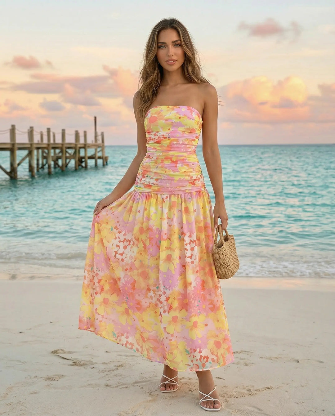 SOLACE  Strapless Floral Print Ruched Bodice Maxi Dress 