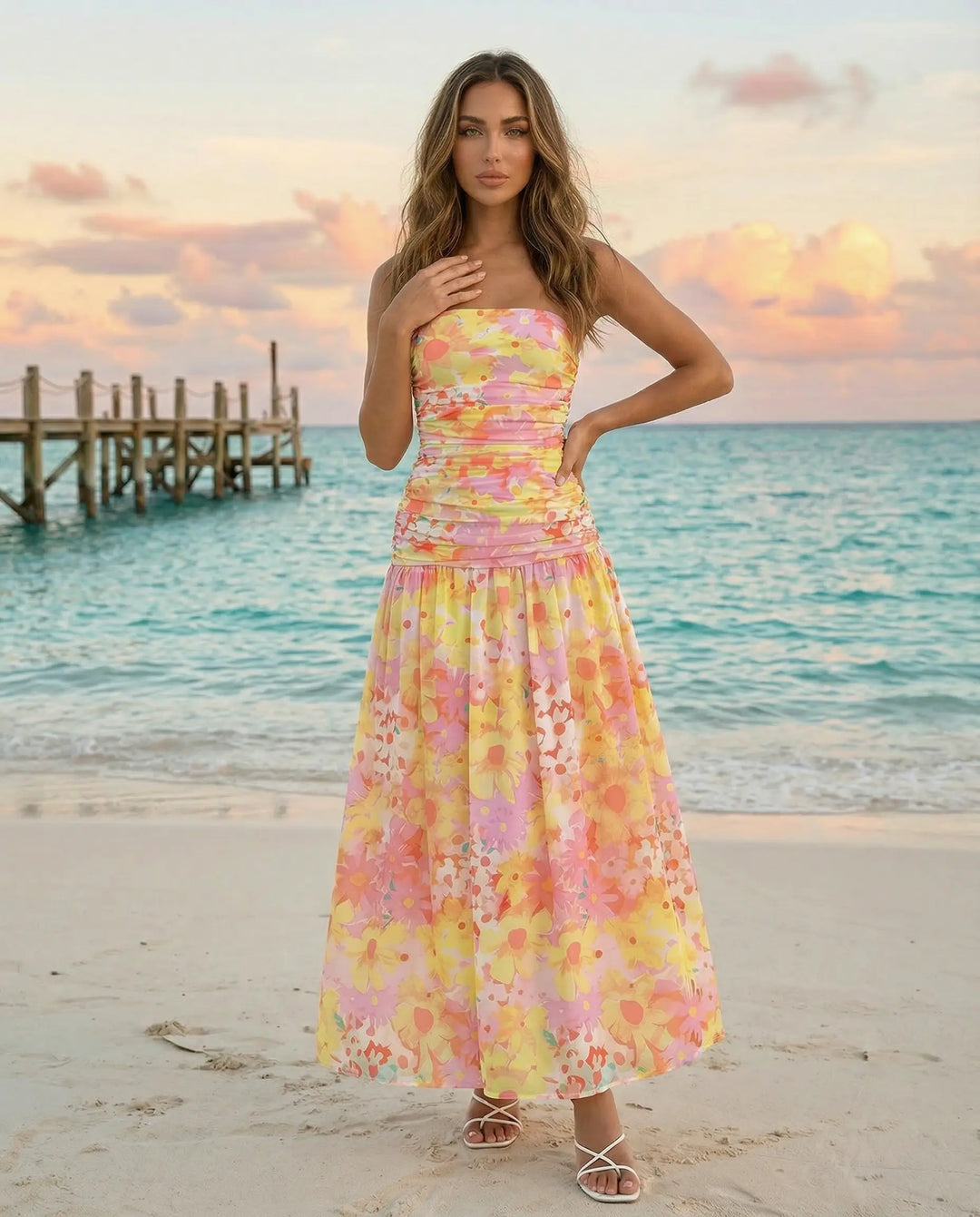 SOLACE  Strapless Floral Print Ruched Bodice Maxi Dress 