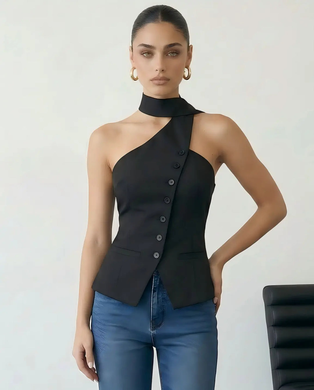 SOLACE  Black Asymmetrical One Shoulder Neck Tie Blouse 