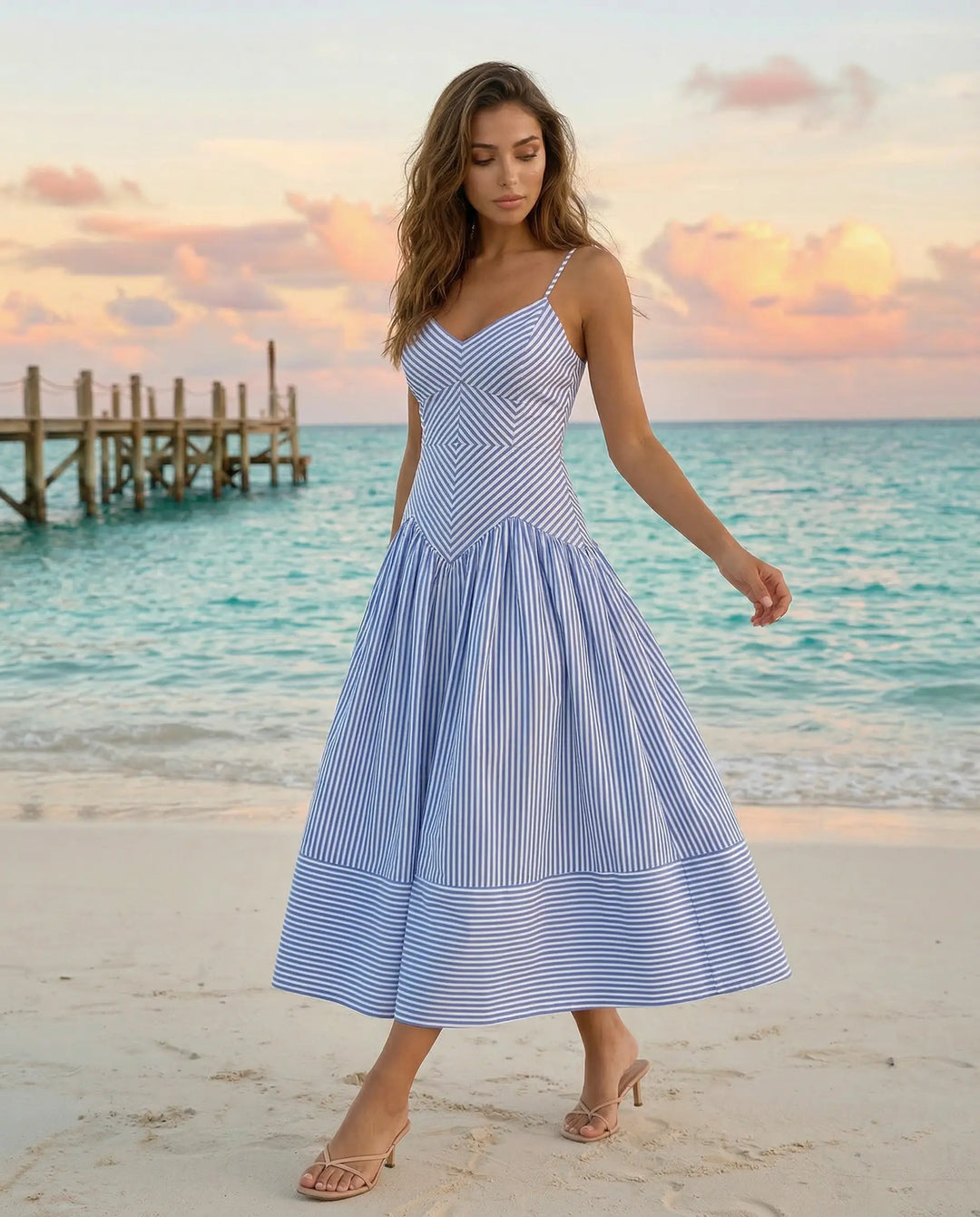 SOLACE  Blue Beach Stripe Slim Fit Midi Dress 