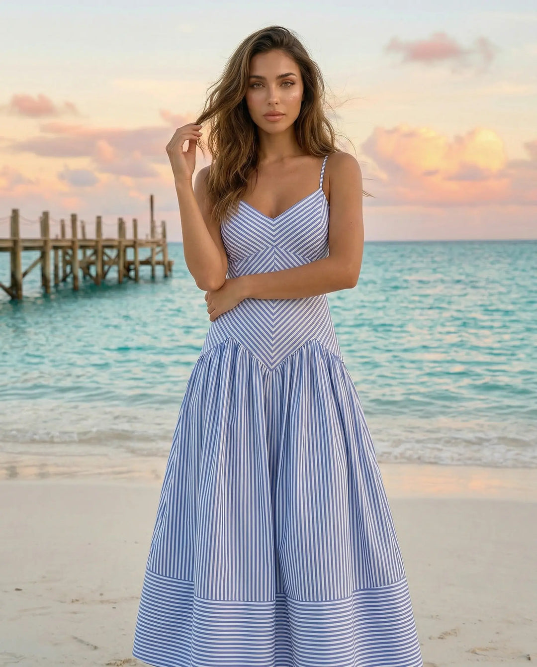 SOLACE  Blue Beach Stripe Slim Fit Midi Dress 