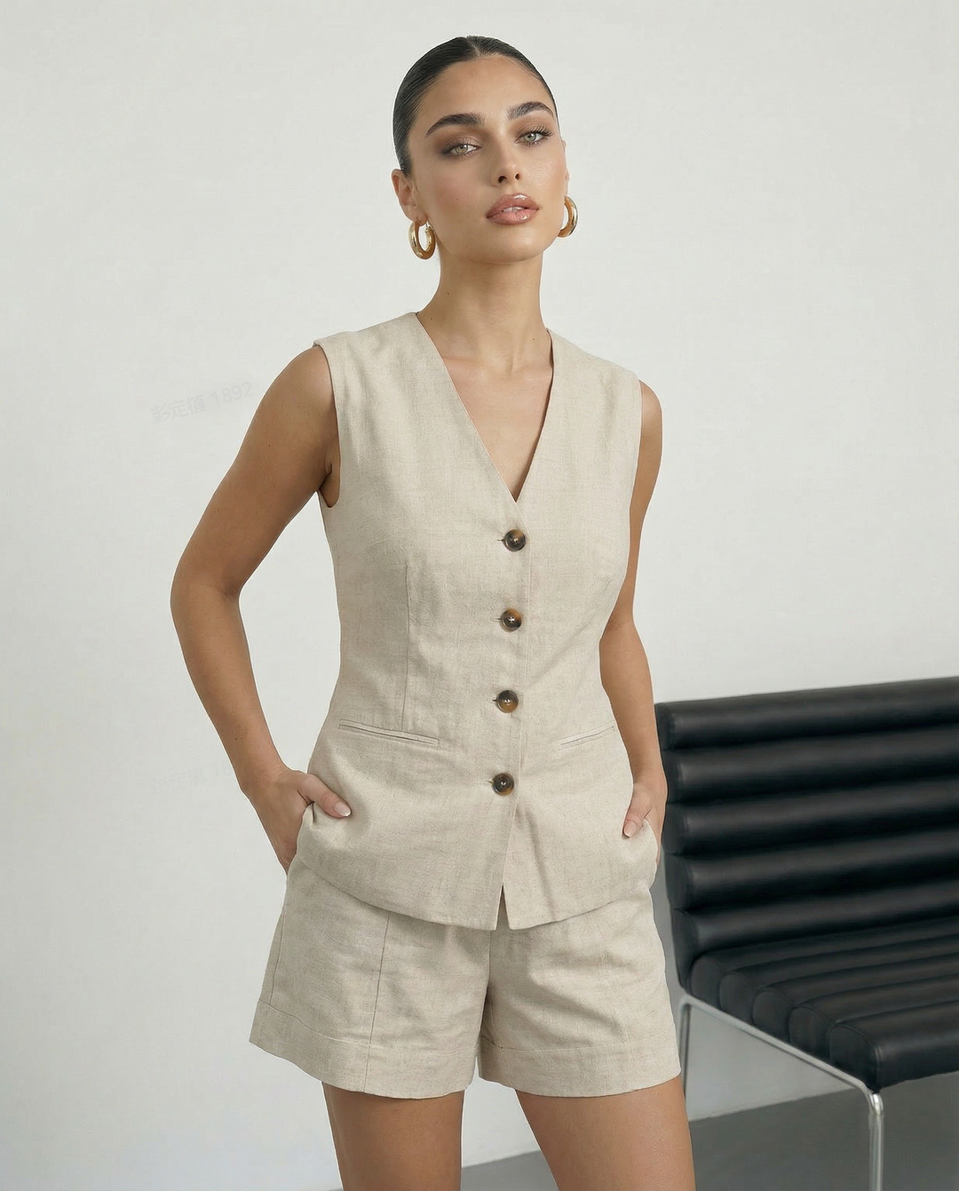 SOLACE  Beige Linen Blend Waistcoat Tailored Shorts Set 