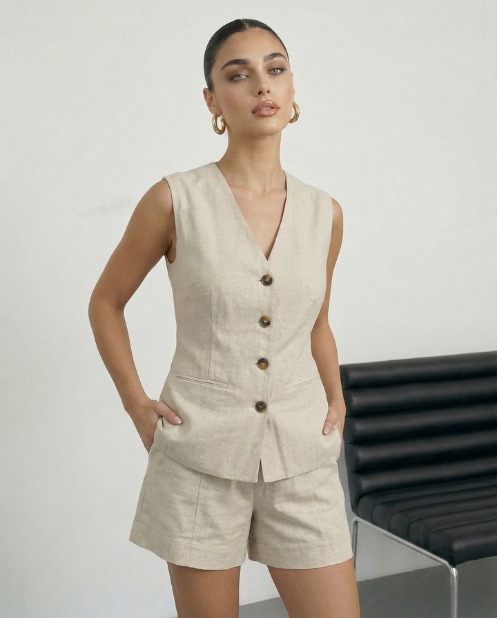 SOLACE  Beige Linen Blend Waistcoat Tailored Shorts Set 