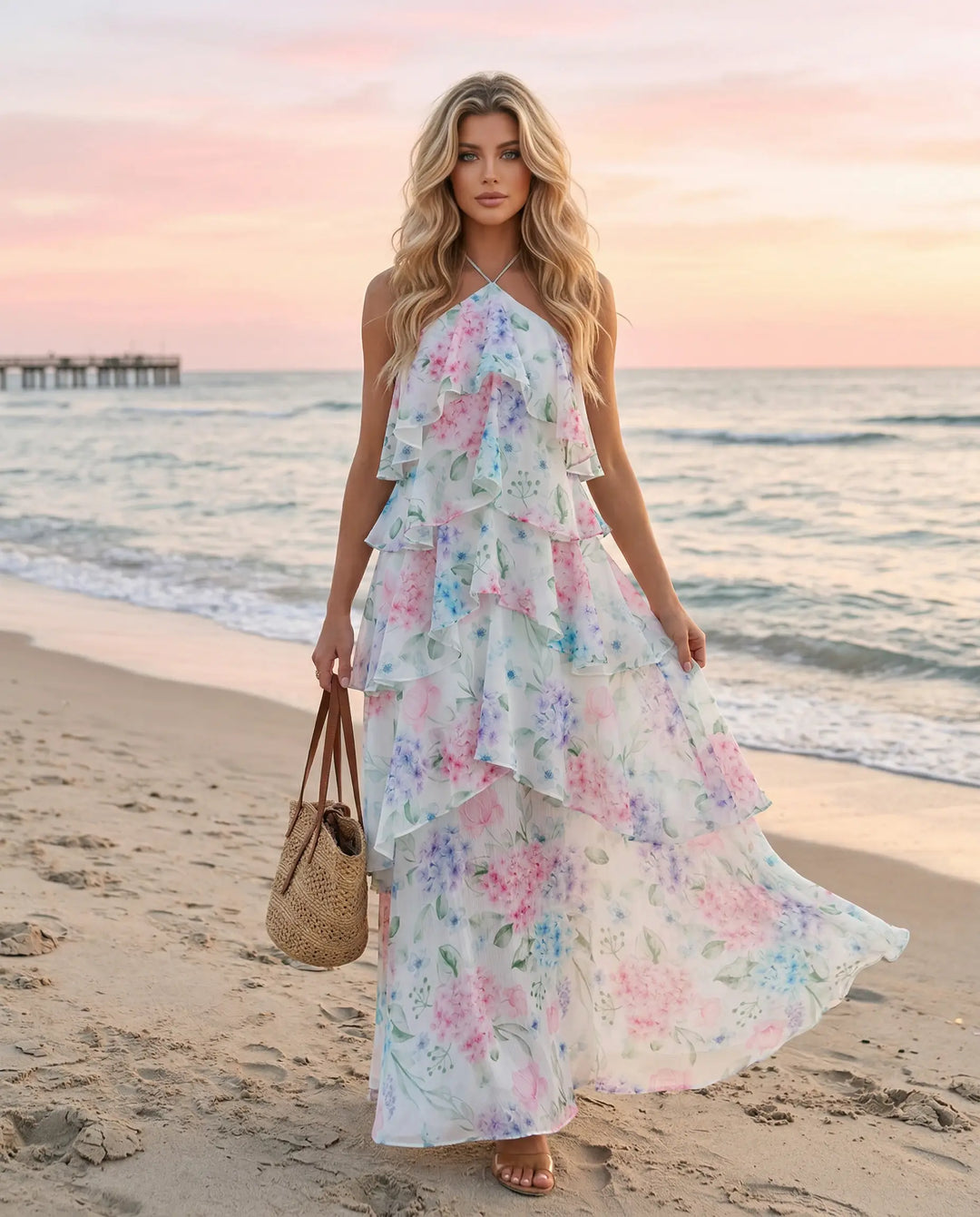 SOLACE  White Floral Print Halter Tiered Chiffon Maxi Dress 