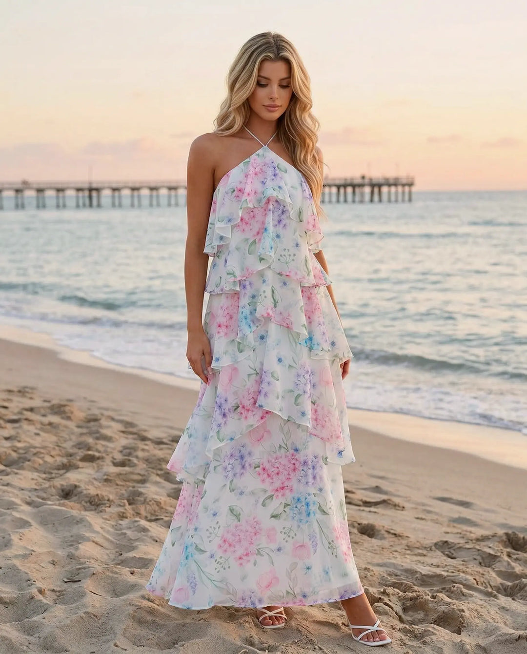 SOLACE  White Floral Print Halter Tiered Chiffon Maxi Dress 