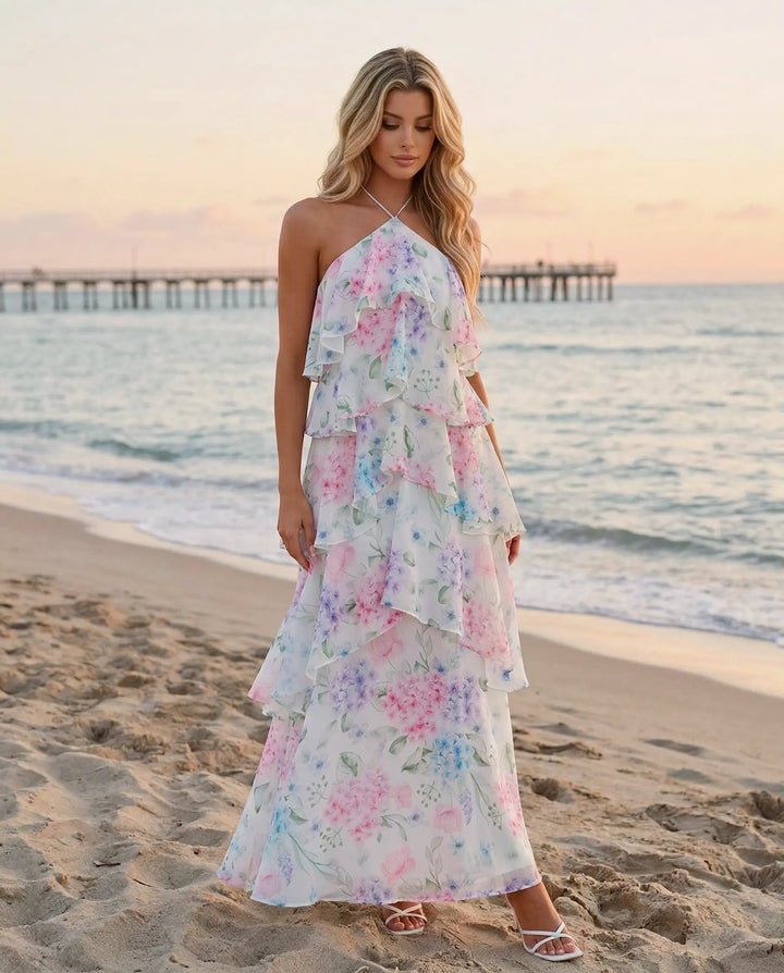 SOLACE  White Floral Print Halter Tiered Chiffon Maxi Dress 